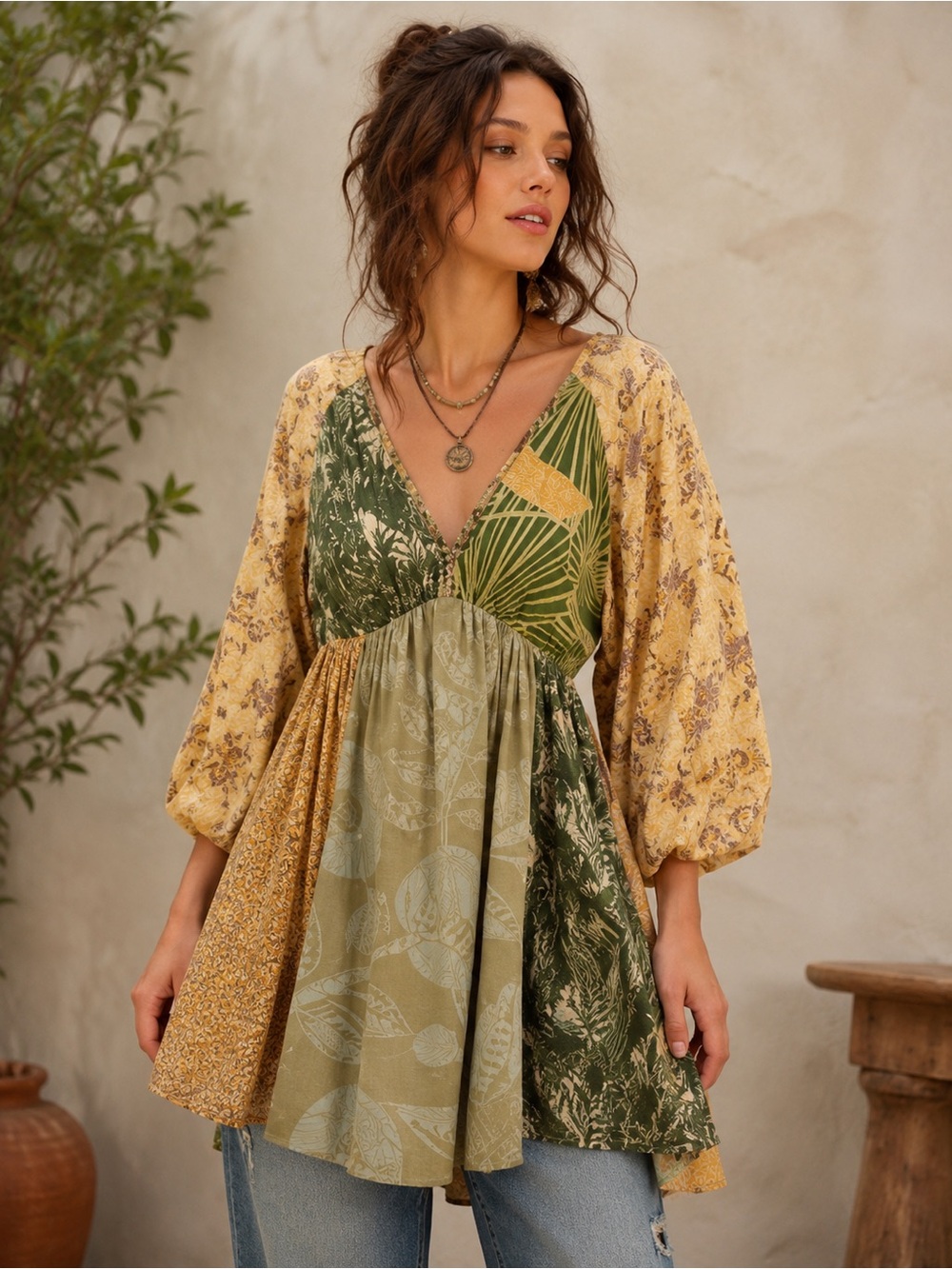Sacred Threads Patchwork Jungle Dreams Tunic Top Large XL Boho Botanical Peasant